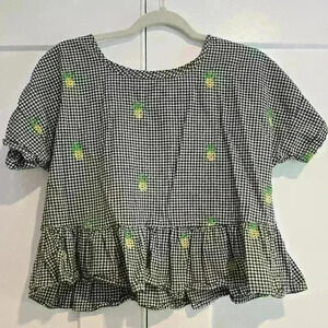 Girl Krazy Gingham Plaid Pineapple Print Peplum Blouse